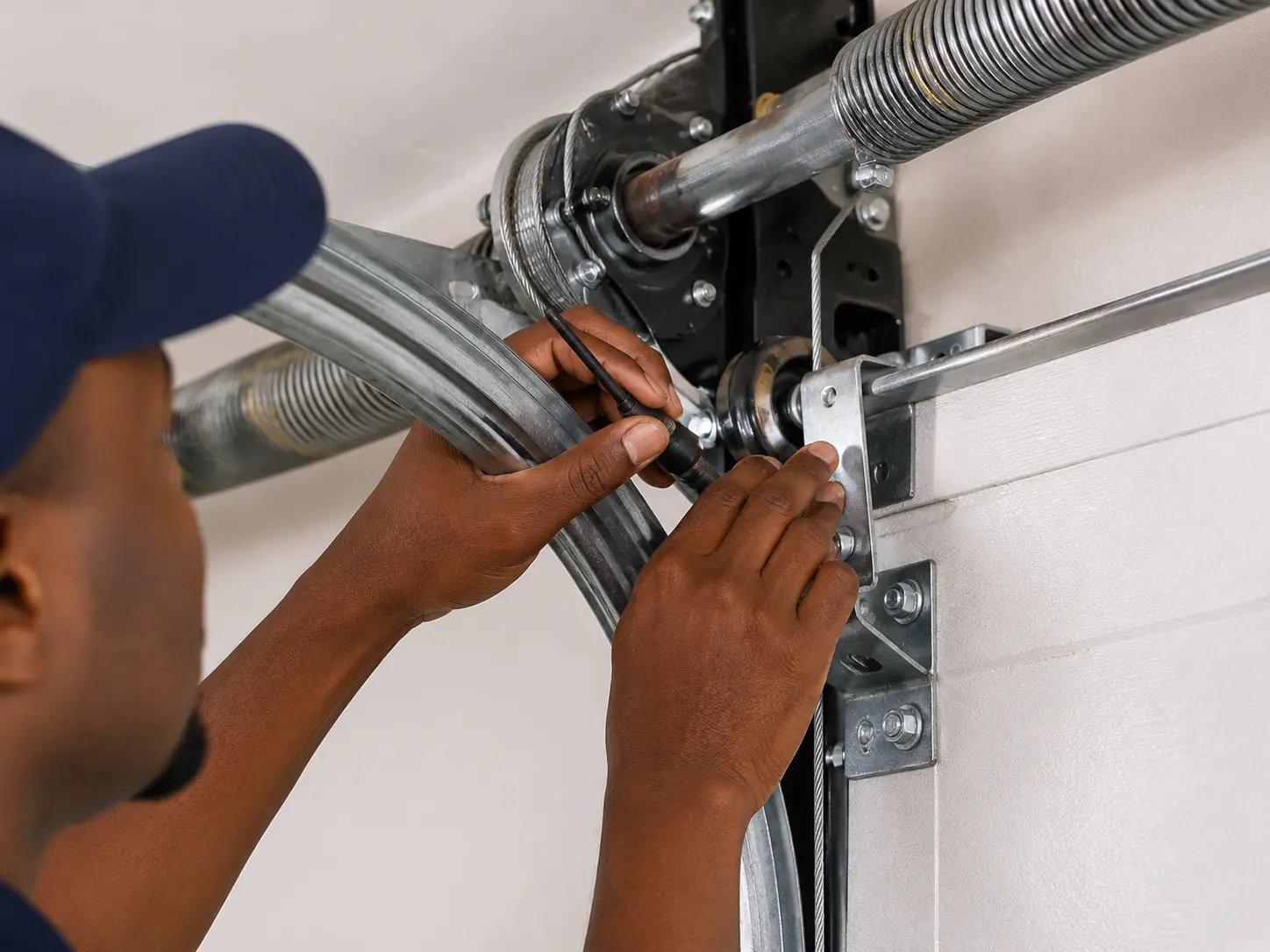 Technician performing final operational testing after garage door servicing