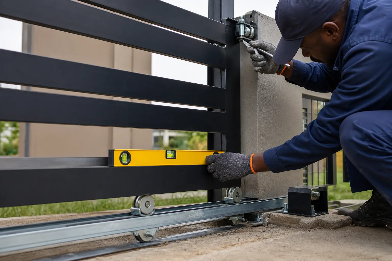 Close-up inspection of sliding gate track wheels and guide alignment