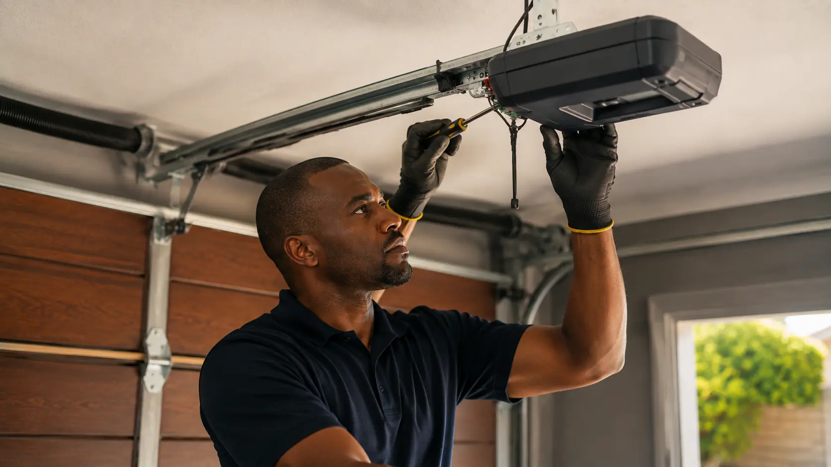 Technician diagnosing and repairing a garage door motor