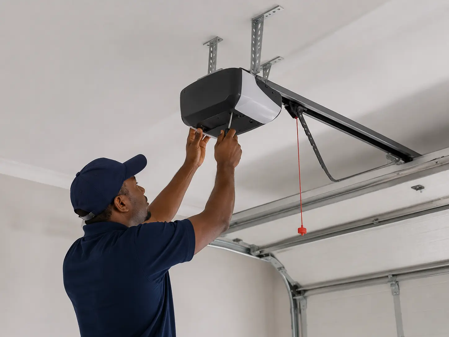 Technician servicing a residential sectional garage door in Zimbabwe