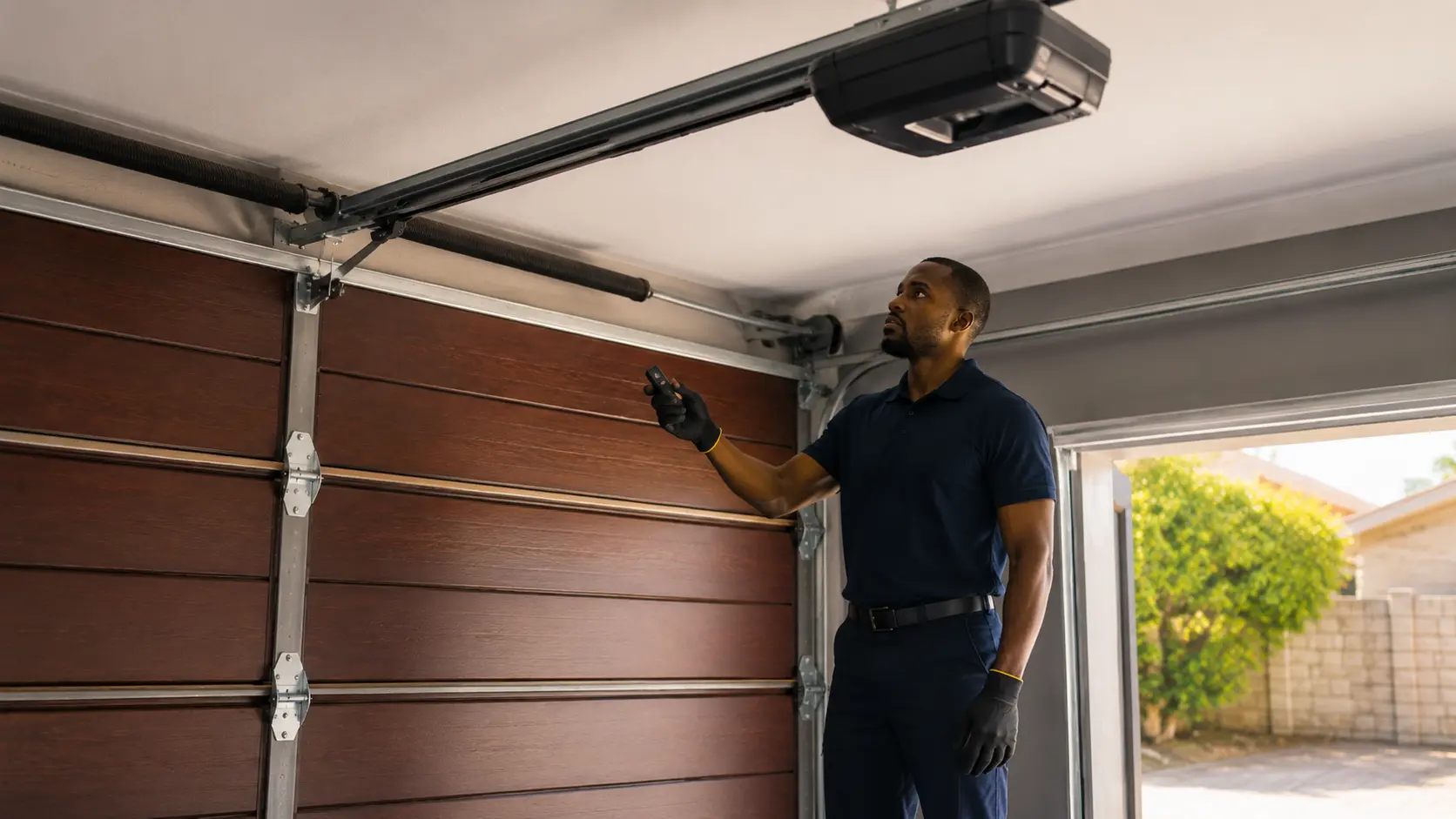 Technician testing a repaired automated garage door system