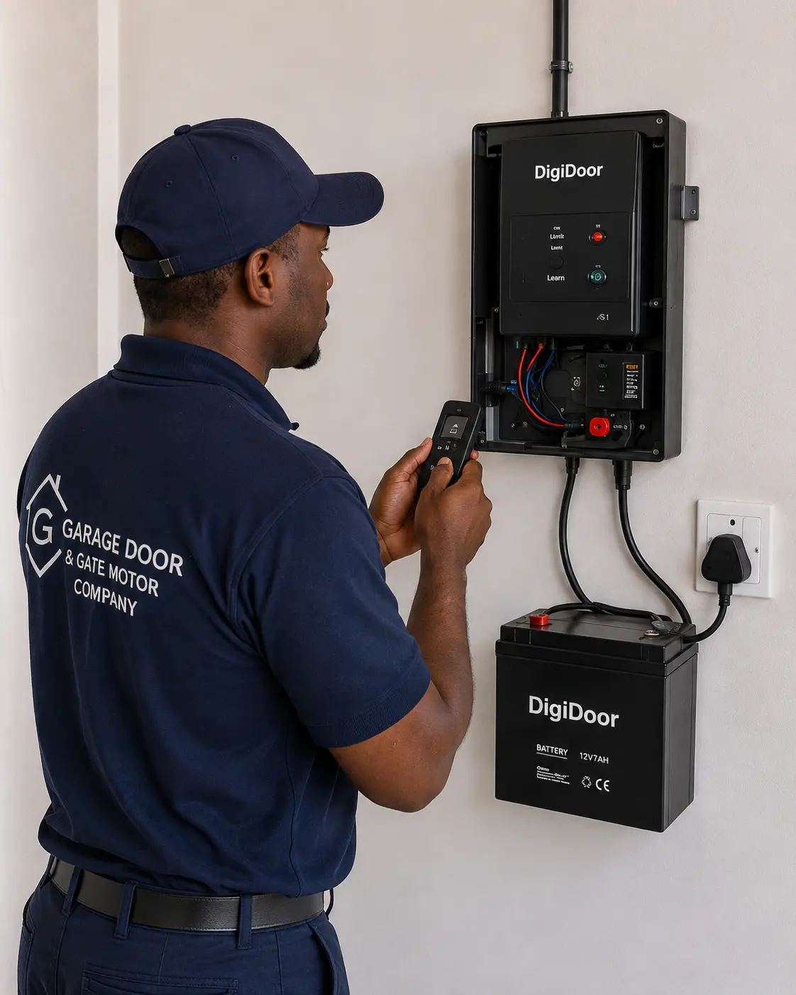 Technician testing a newly installed garage door motor and remote control