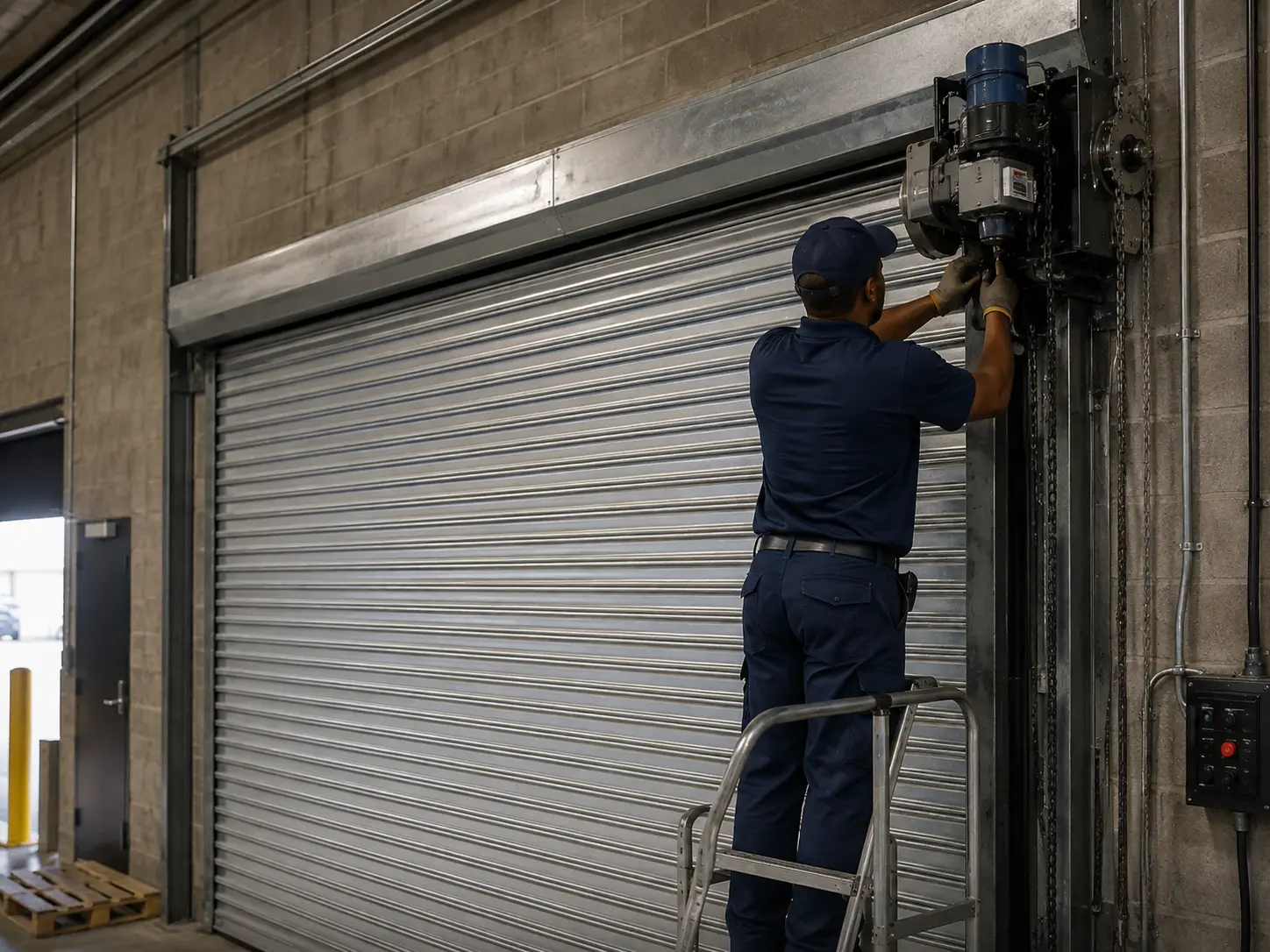 Technician servicing a garage door motor and overhead rail