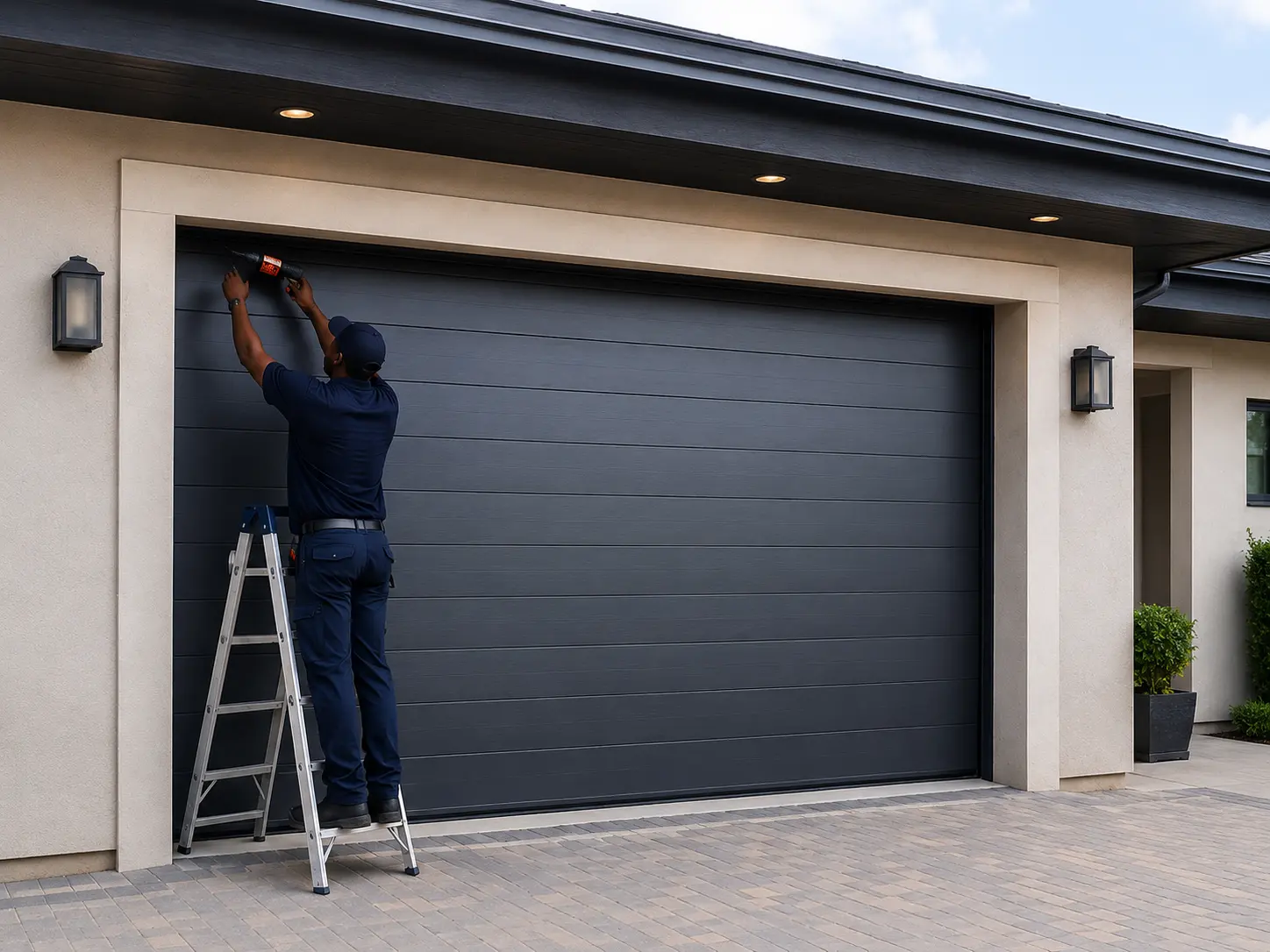New sectional garage door installation with tracks and rollers