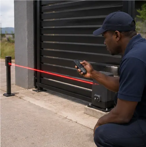 Gate Motor Repairs Technician testing a gate motor and connected safety equipment