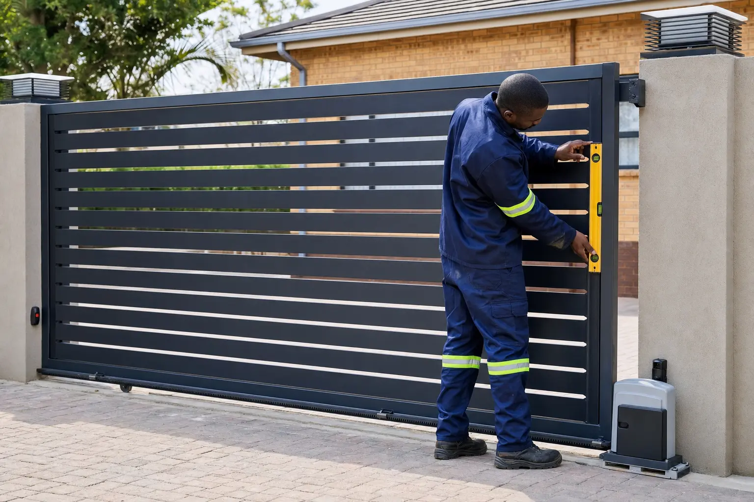 Technician preparing a steel gate frame and structural supports