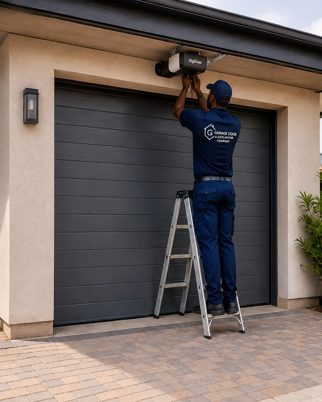 Technician installing an overhead motor on a sectional garage door