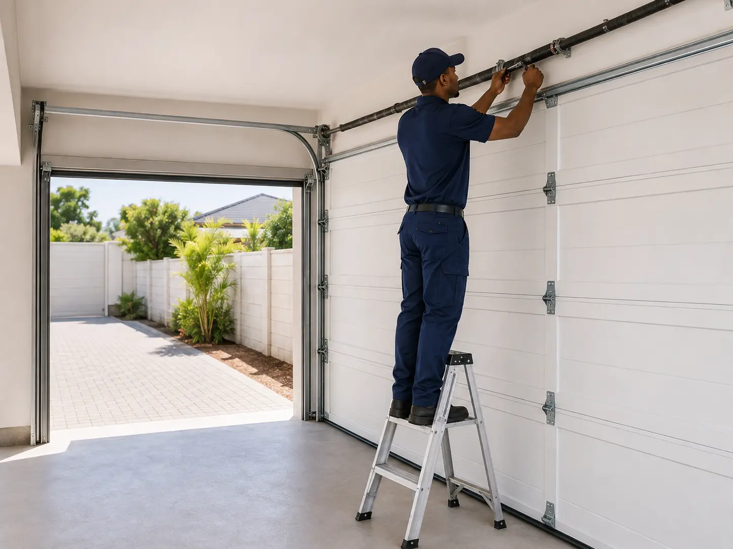 Commercial roll-up garage door servicing at an industrial property